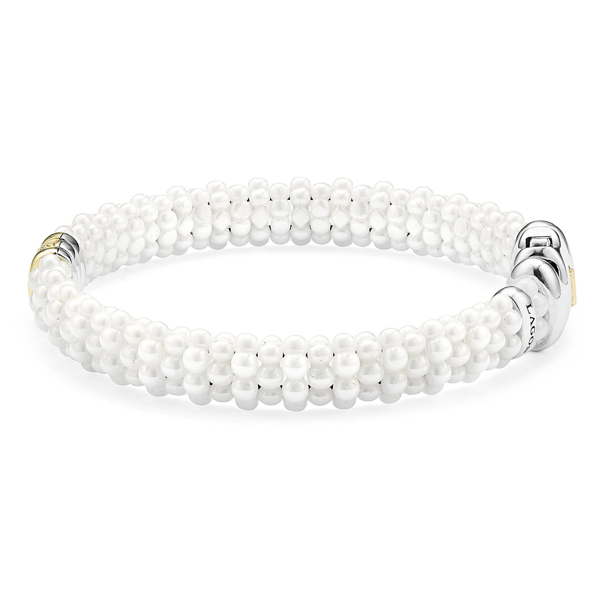  9mm, features glossy white caviar beads with 18K gold accents and a diamond station in sterling silver.