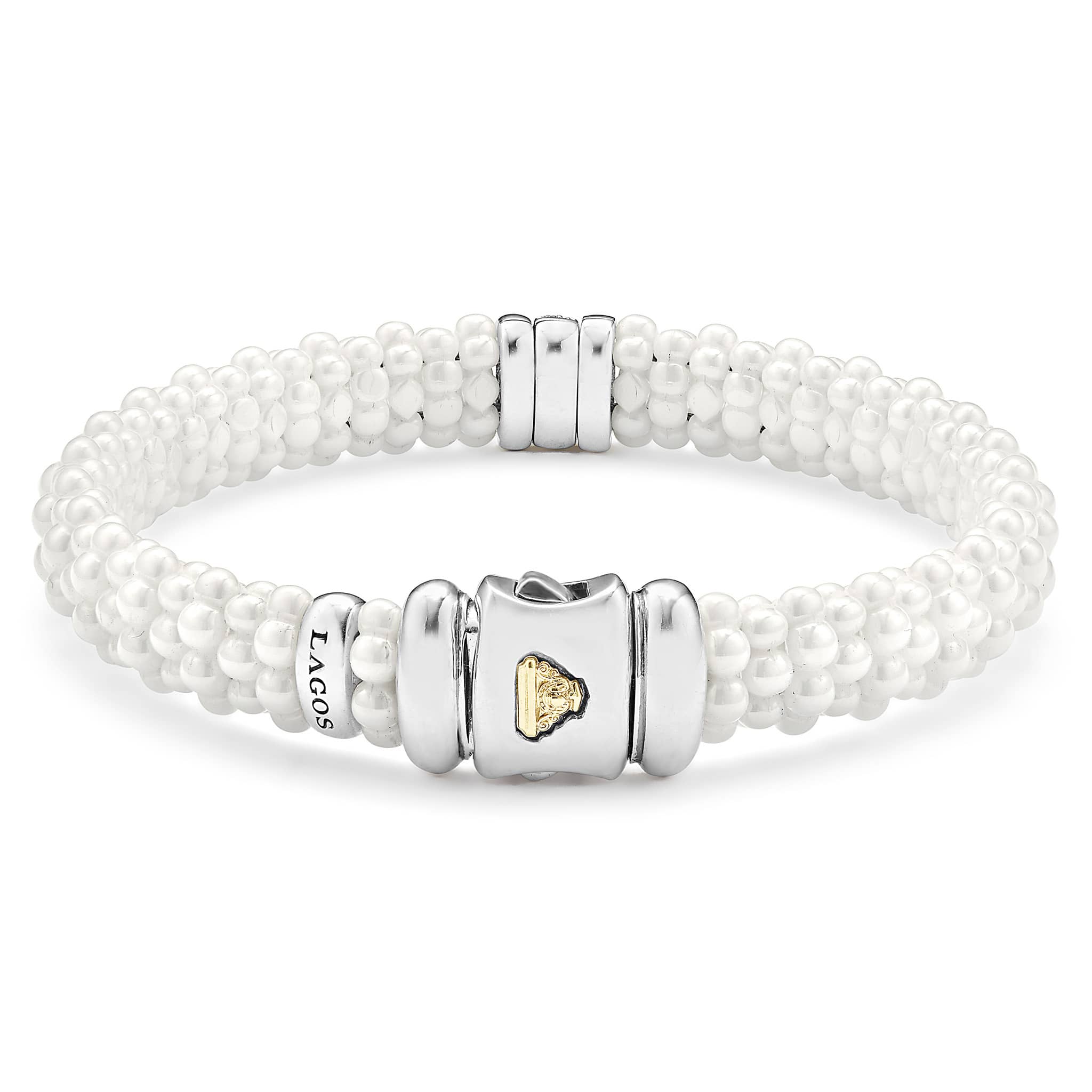 White Caviar Single Station Ceramic Diamond Bracelet 9mm features multi-strand white ceramic beads, a sterling silver clasp with gold emblem, and a diamond-accented silver station.