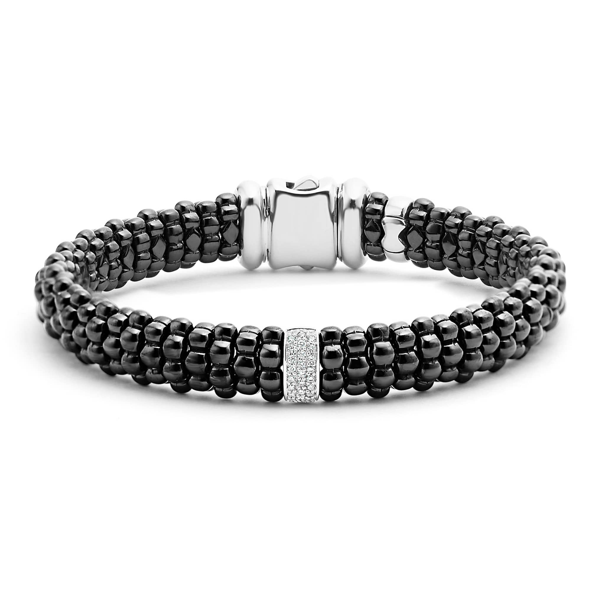 Diamonds set in sterling silver surrounded by black ceramic Caviar beading. LAGOS diamonds are the highest quality natural stones.