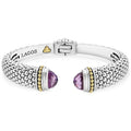 Expertly crafted Caviar beading with highly polished sterling silver stations comprise this innovative bracelet detailing amethyst gemstone end caps. Finished with a hinge clasp.