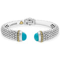 Expertly crafted Caviar beading with highly polished sterling silver stations comprise this innovative bracelet detailing turquoise gemstone end caps. Finished with a hinge clasp.