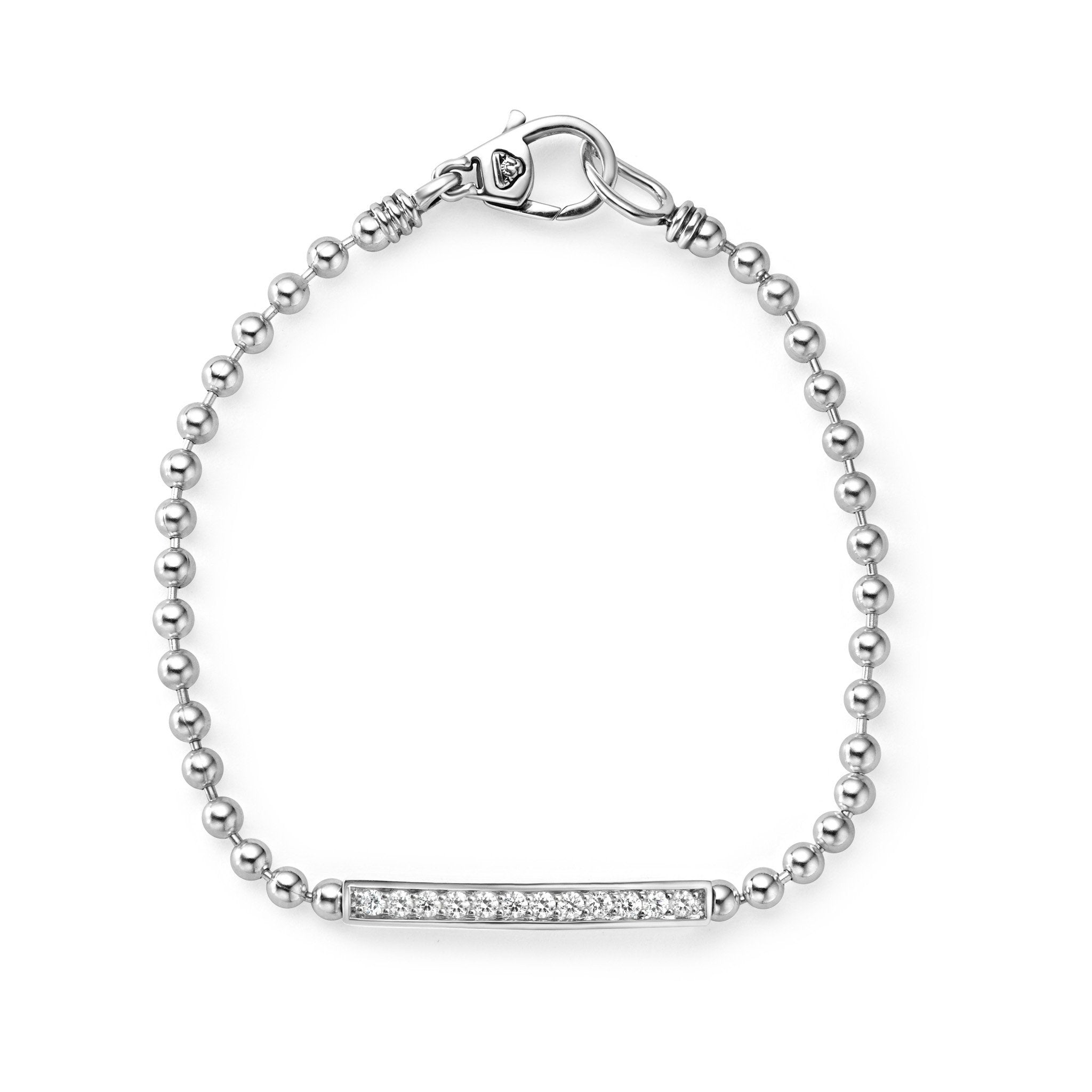 A linear diamond station set by sterling silver Caviar beading forms this bracelet.