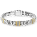 Three diamond stations highlighted by 18K gold with sterling silver Caviar beading. LAGOS diamonds are the highest quality natural stones.
