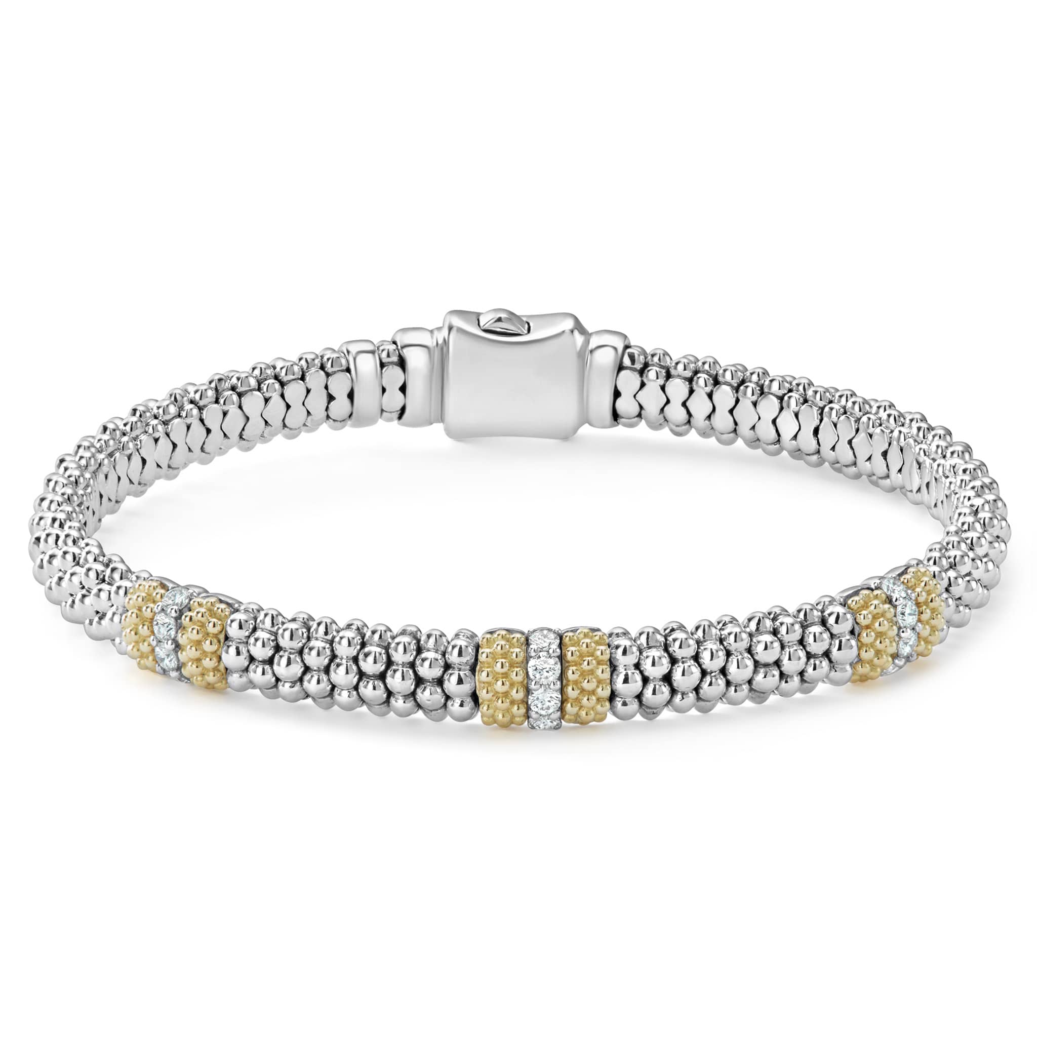 Three diamond stations highlighted by 18K gold with sterling silver Caviar beading. LAGOS diamonds are the highest quality natural stones.