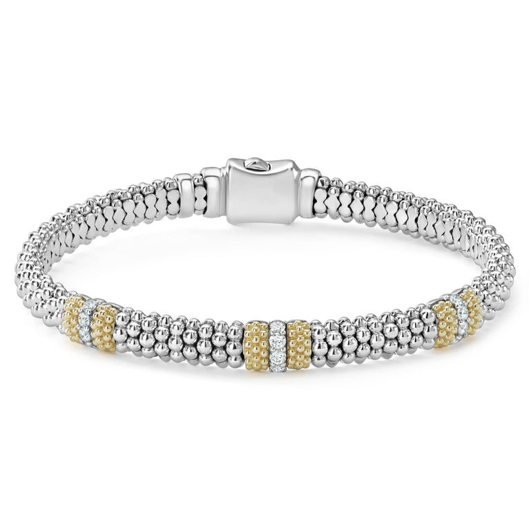 Three diamond stations highlighted by 18K gold with sterling silver Caviar beading. LAGOS diamonds are the highest quality natural stones.