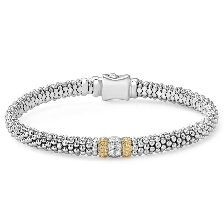 Diamonds highlighted by 18K gold with sterling silver Caviar beading. LAGOS diamonds are the highest quality natural stones.