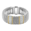 Two diamond stations highlighted by 18K gold on a strand of sterling silver Caviar beading. LAGOS diamonds are the highest quality natural stones.
