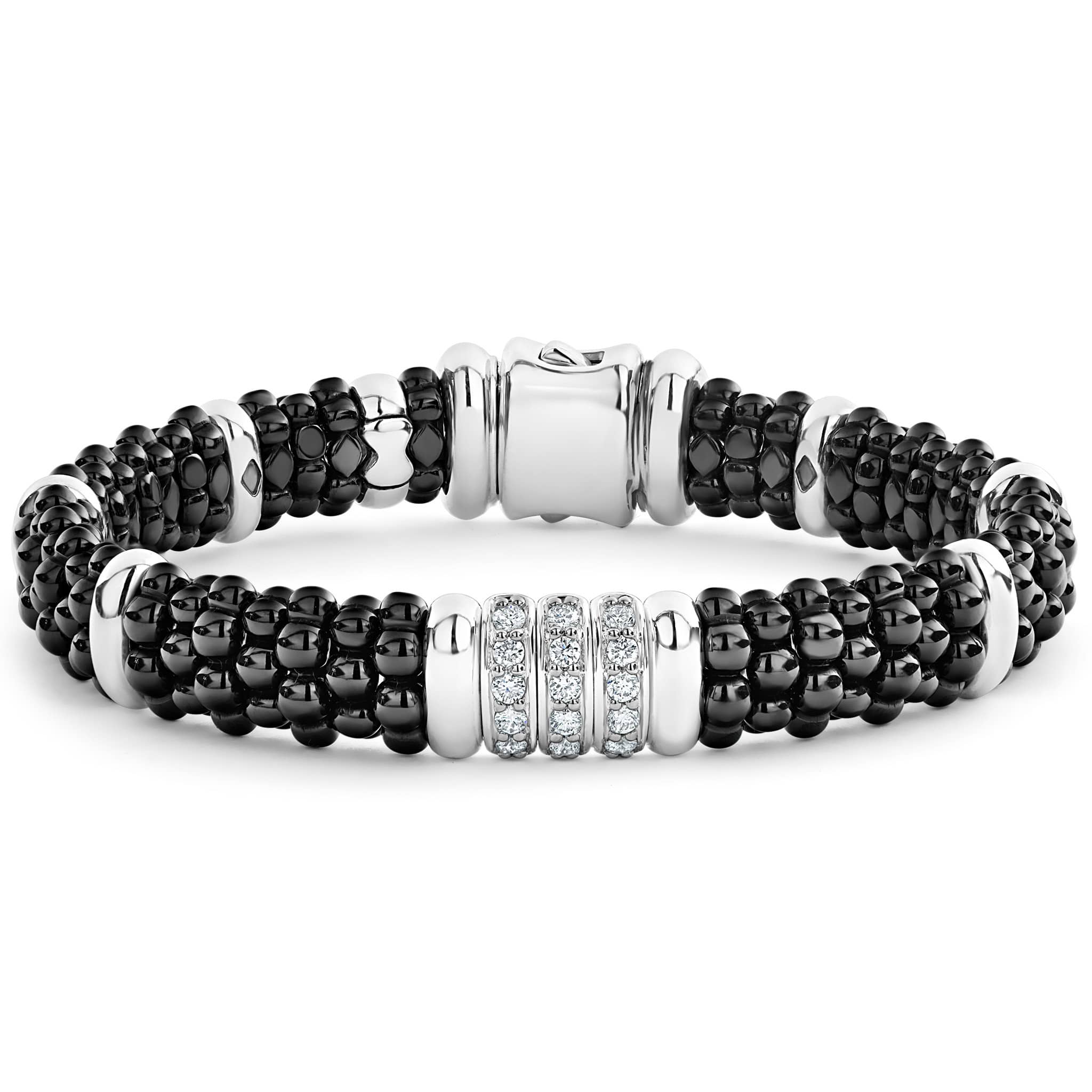 Three diamond stations set in sterling silver surrounded by black ceramic Caviar beading. LAGOS diamonds are the highest quality natural stones.