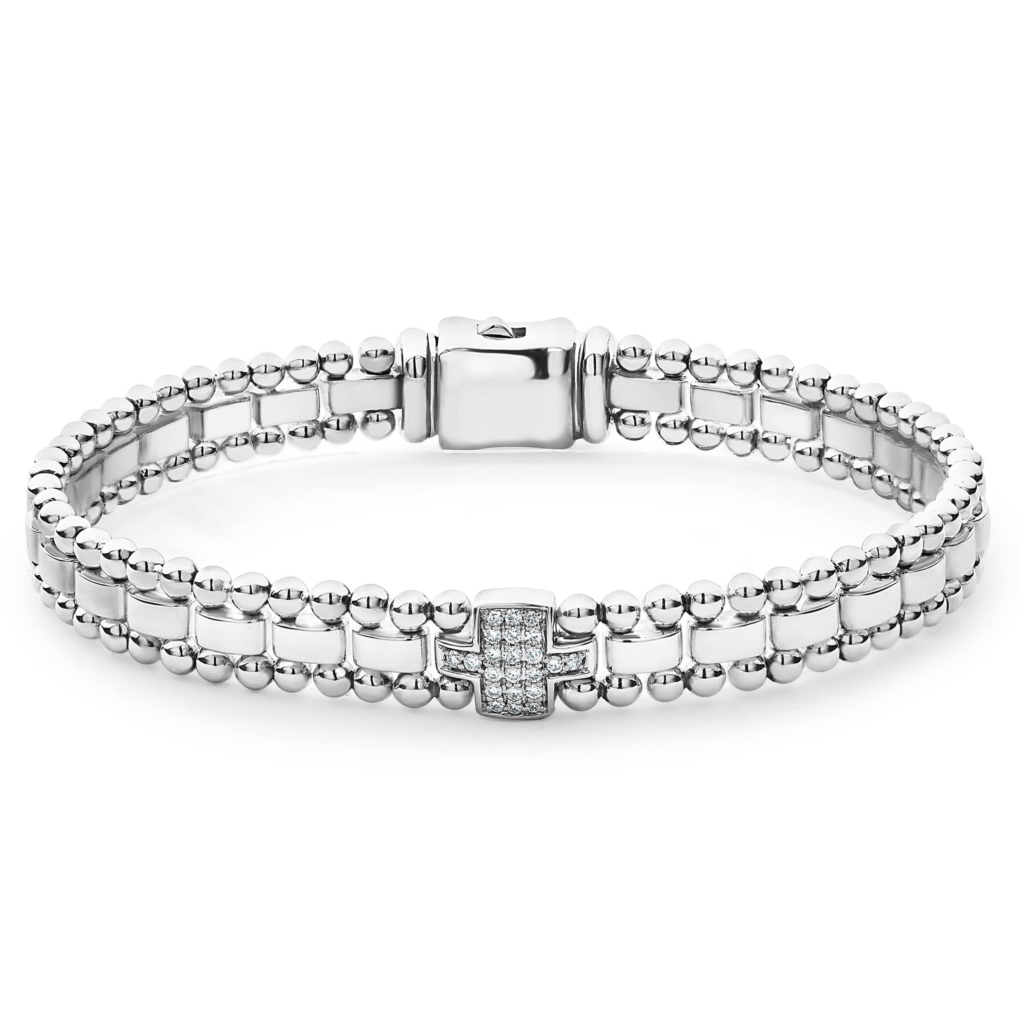 A single pavé diamond station set by sterling silver Caviar beading forms this signature link bracelet. LAGOS diamonds are the highest quality natural stones.