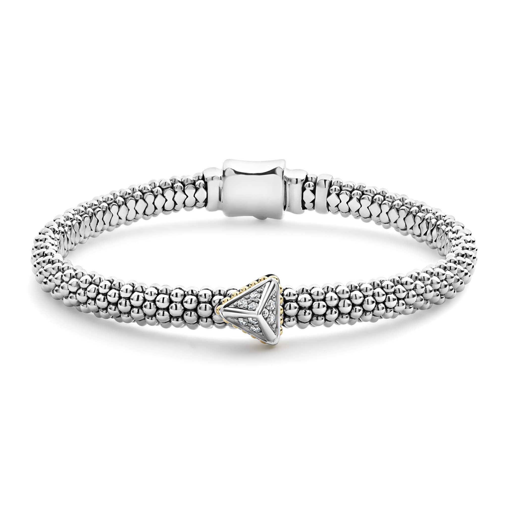 A single diamond pyramid with 18K gold detailing accents this sterling silver Caviar beaded bracelet. LAGOS diamonds are the highest quality natural stones.