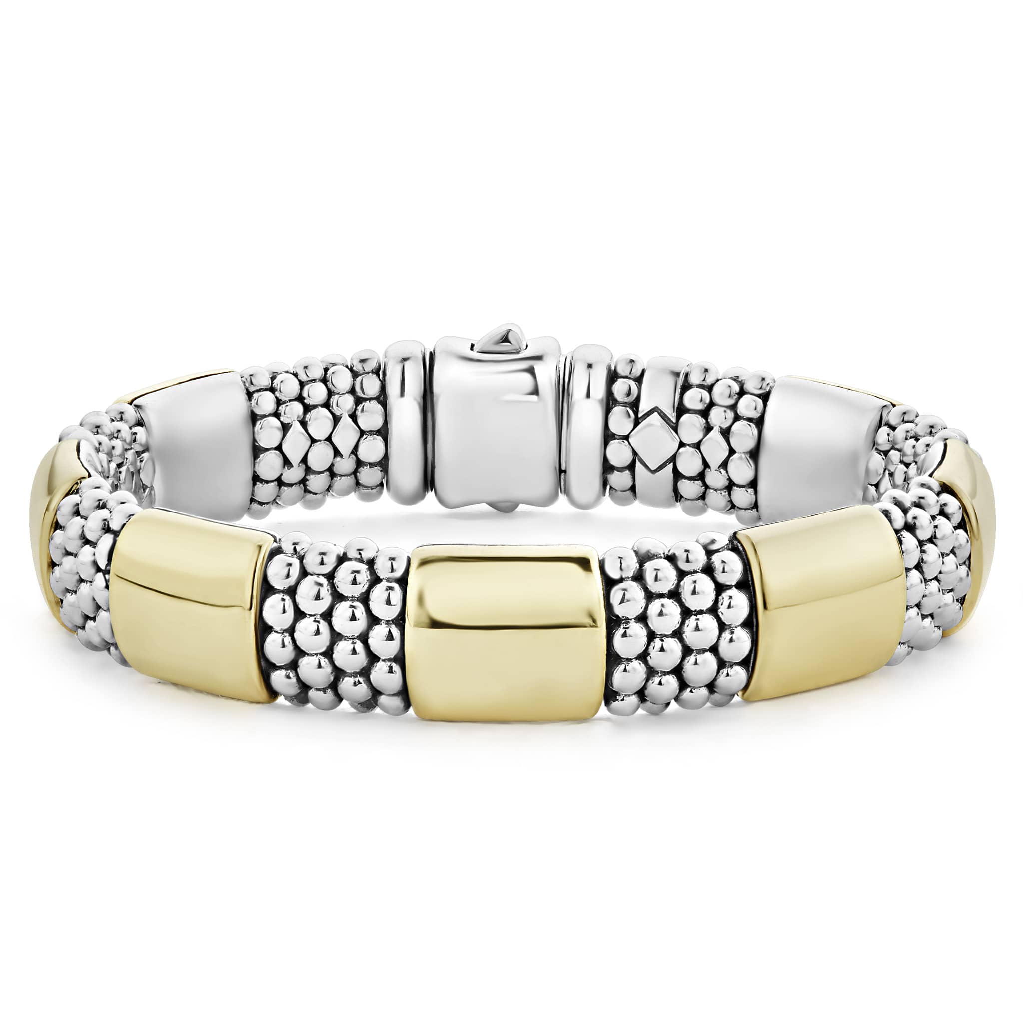 Seven smooth stations of 18K gold accent sterling silver Caviar beading to form this timeless bracelet.