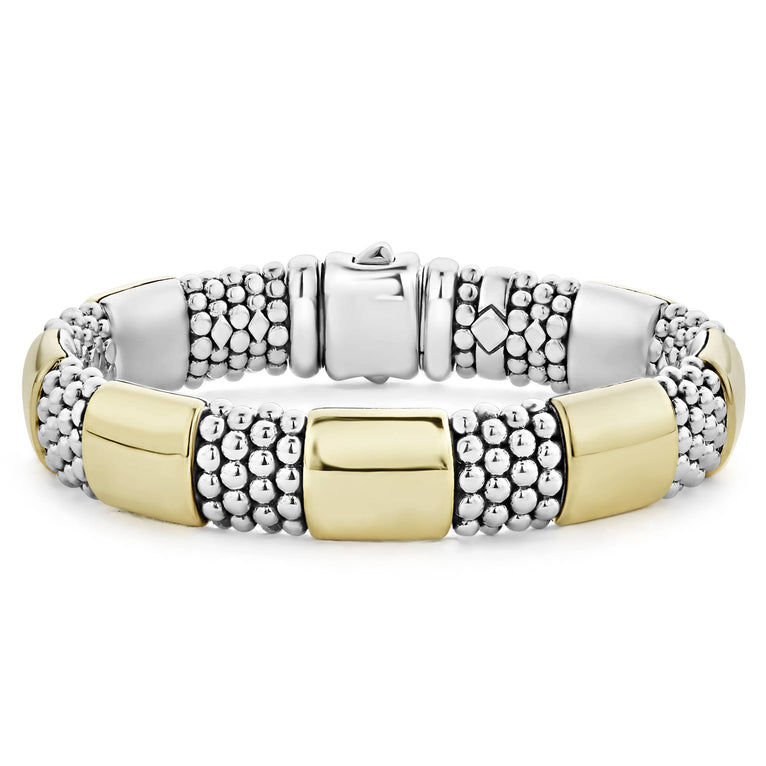 Seven smooth stations of 18K gold accent sterling silver Caviar beading to form this timeless bracelet.