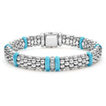 A single diamond station set in sterling silver surrounded by blue ceramic and Caviar beading. LAGOS diamonds are the highest quality natural stones.