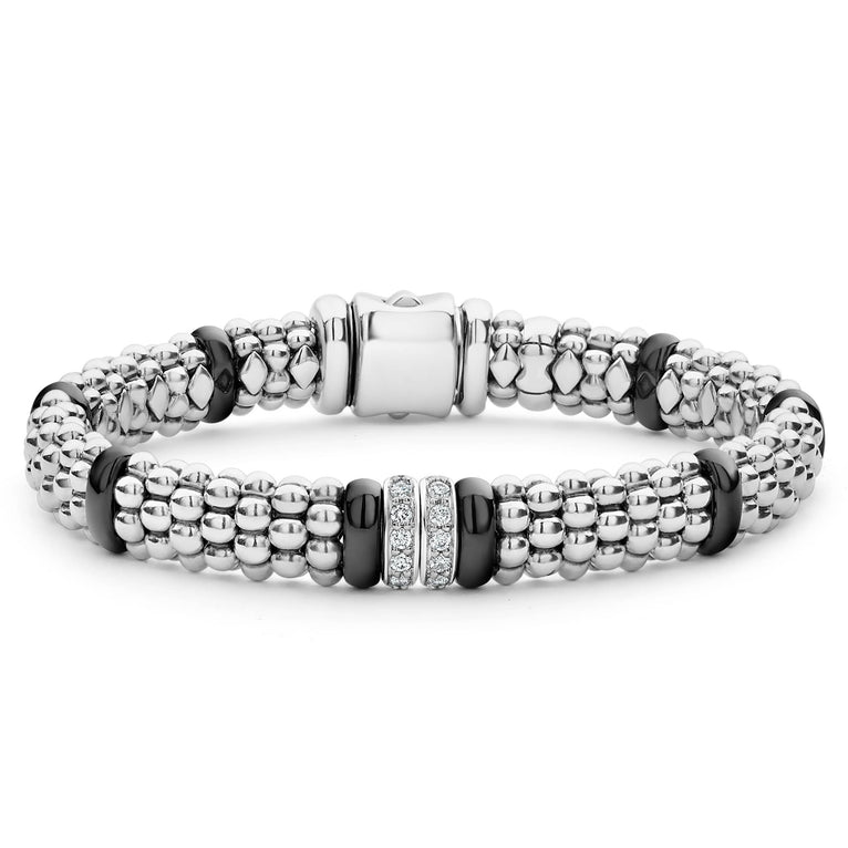 Two diamond stations set in sterling silver surrounded by black ceramic Caviar beading. LAGOS diamonds are the highest quality natural stones.