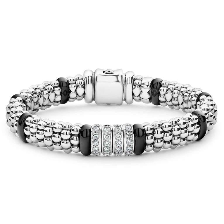 Four diamond stations set in sterling silver surrounded by black ceramic Caviar beading. LAGOS diamonds are the highest quality natural stones.