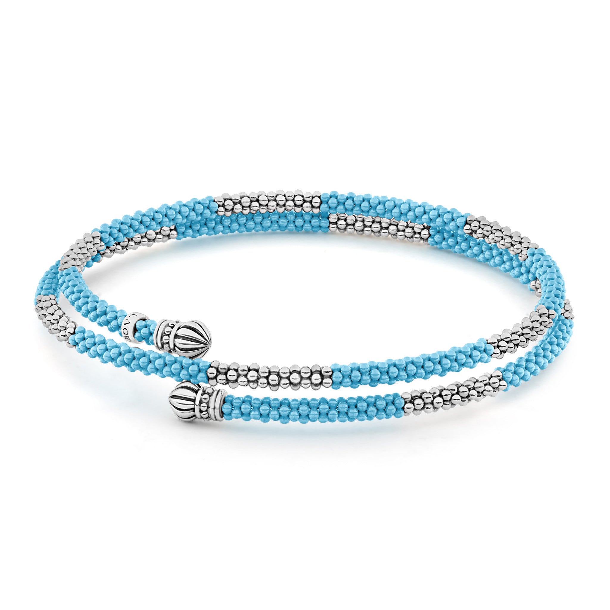 6mm Beads Braided Wrap Bracelet Rhodium Plated Light Blue Emperor