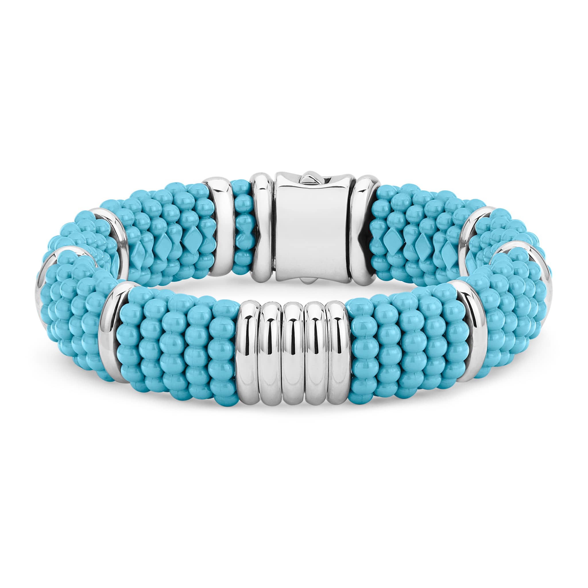 Sleek sterling silver stations and blue ceramic Caviar beading form this statement bracelet.