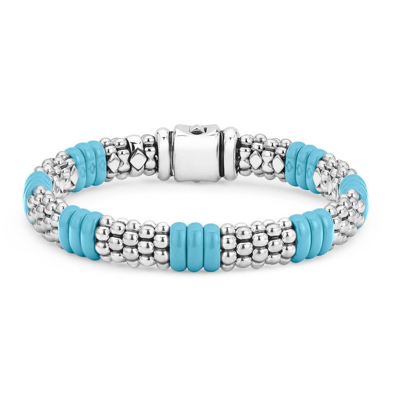 Caviar beading in sterling silver and smooth blue ceramic form this signature bracelet.