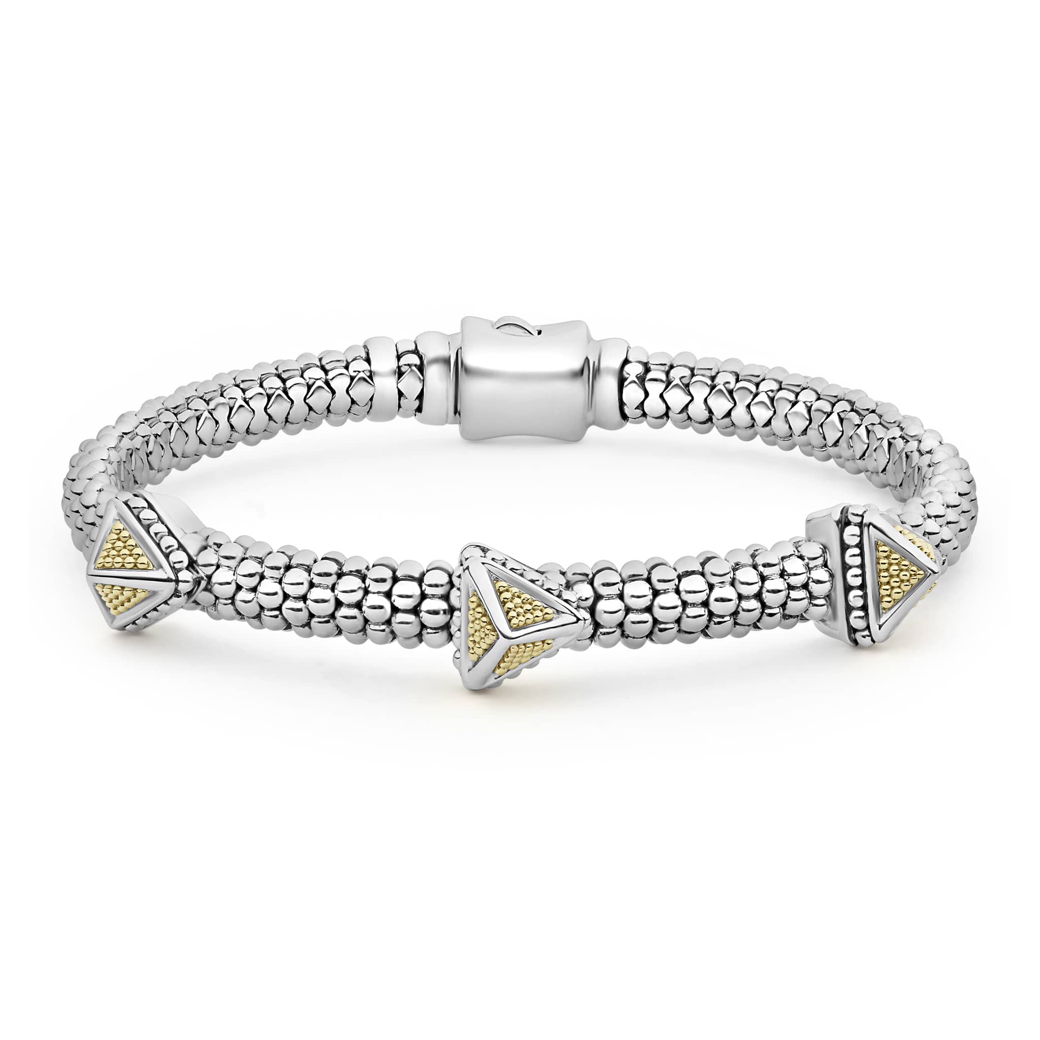 Three 18K gold pyramid stations accent sterling silver Caviar beading to form this KSL bracelet.