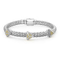 Three 18K gold pyramid stations accent sterling silver Caviar beading to form this KSL bracelet.