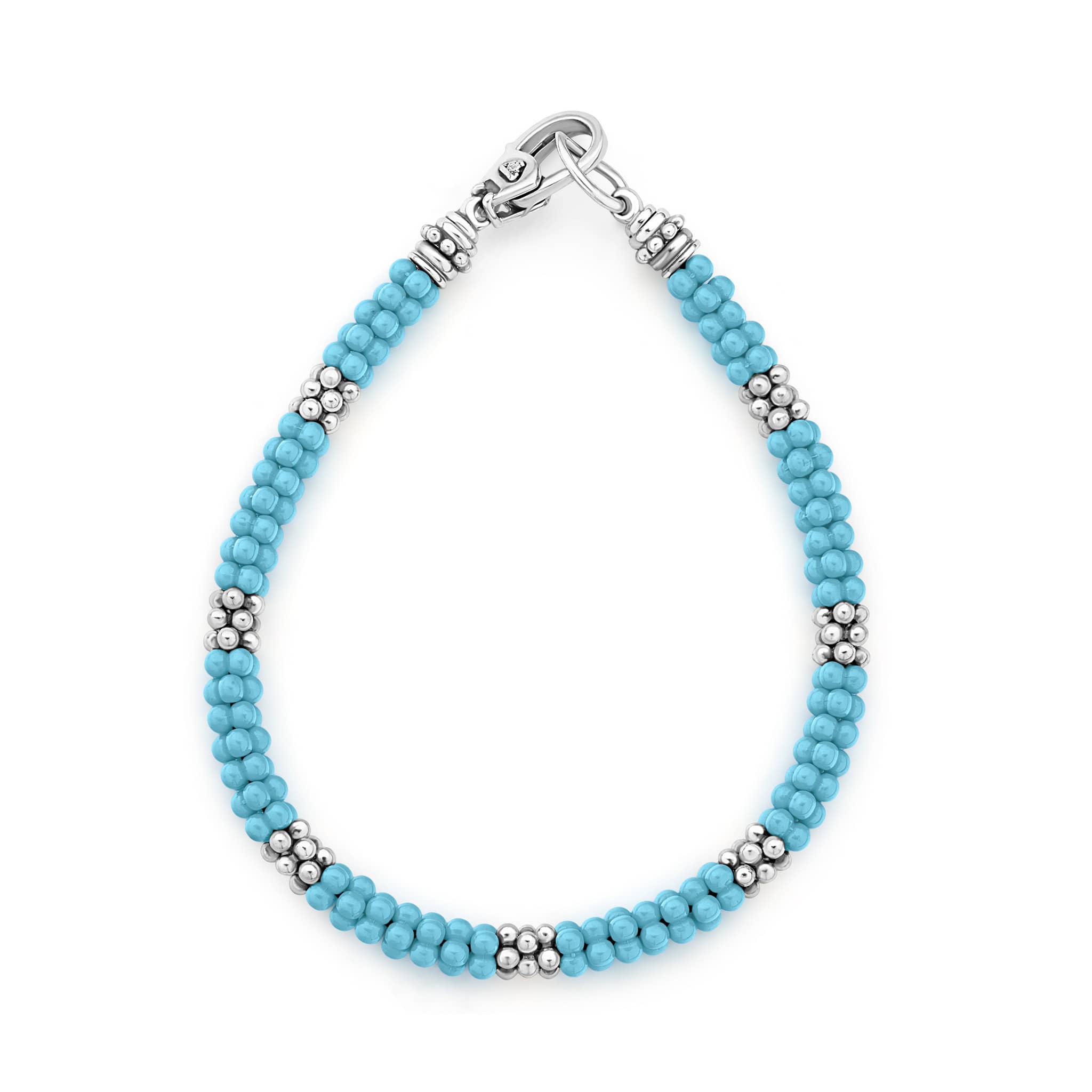 A blue ceramic Caviar bracelet accented by seven sterling silver stations.