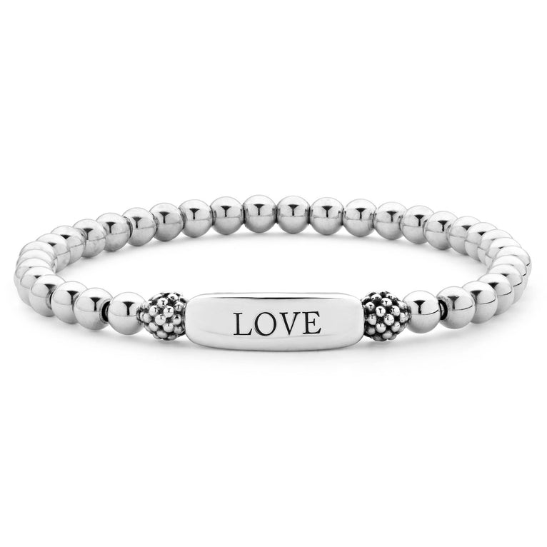Sterling silver bracelet with a highly polished station with LOVE engraved.
