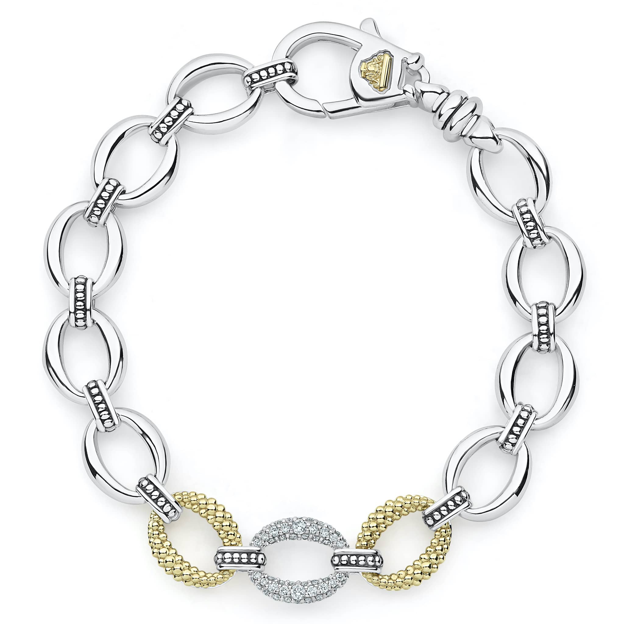 Pavé diamonds, 18K gold and sterling silver create this classic link bracelet. LAGOS diamonds are the highest quality natural stones.