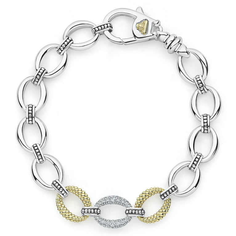Pavé diamonds, 18K gold and sterling silver create this classic link bracelet. LAGOS diamonds are the highest quality natural stones.