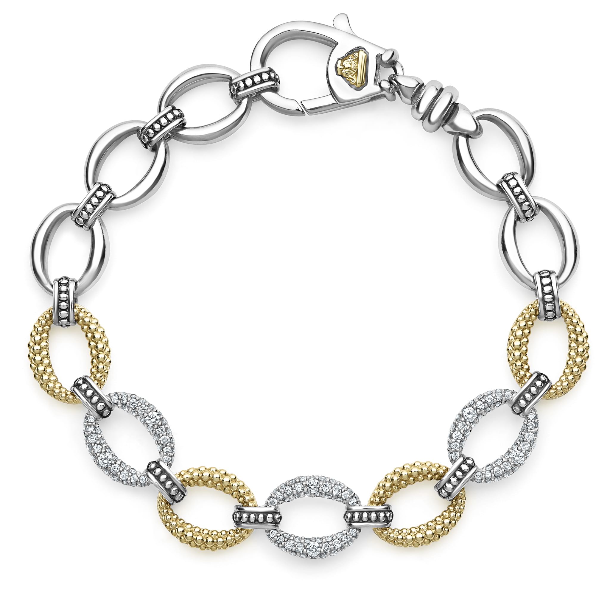 Three pavé diamond links, 18k gold and sterling silver create this classic link bracelet. LAGOS diamonds are the highest quality natural stones.