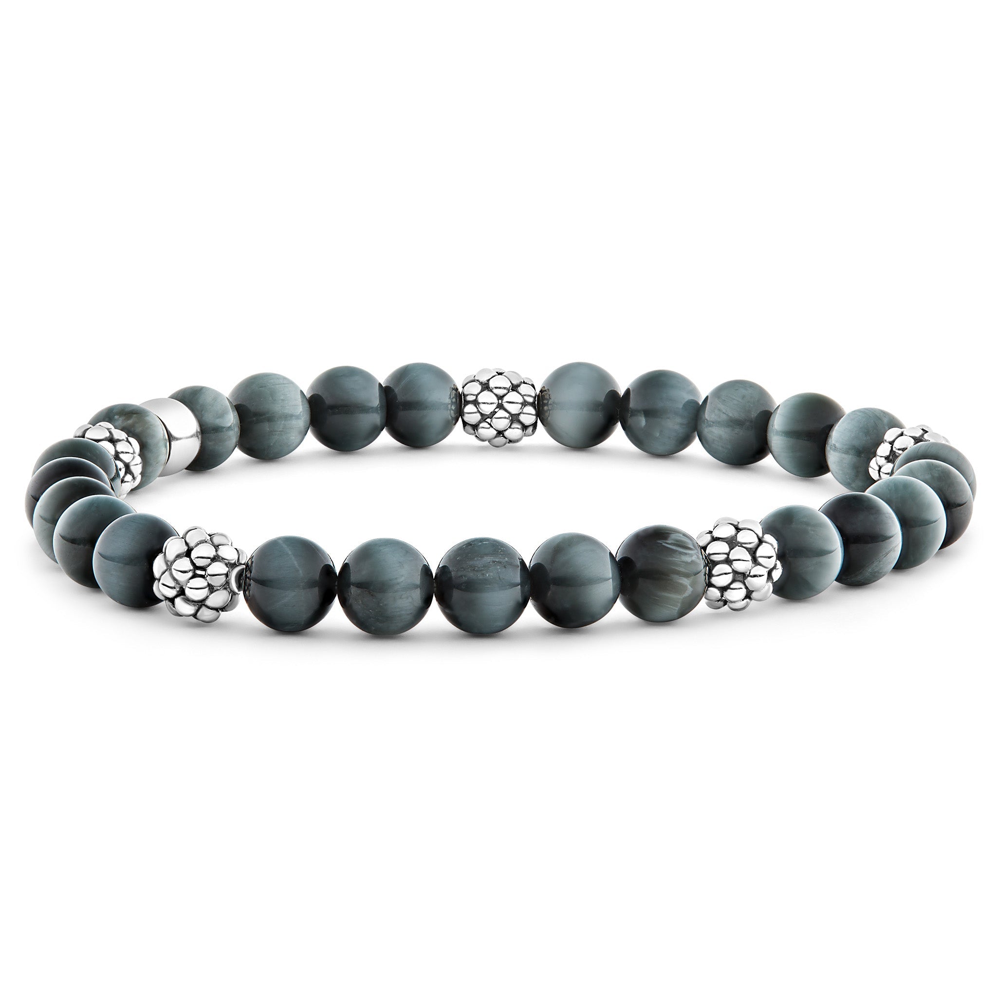 A silver eagle eye gemstone bracelet with five sterling silver Caviar beaded stations.