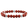 A red jasper gemstone bracelet with five sterling silver Caviar beaded stations.