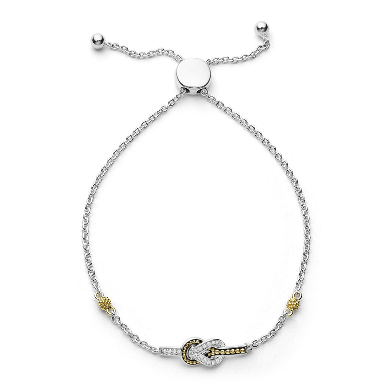 Diamonds and 18K gold woven in a knot motif form this Newport adjustable bolo bracelet. LAGOS diamonds are the highest quality natural stones.