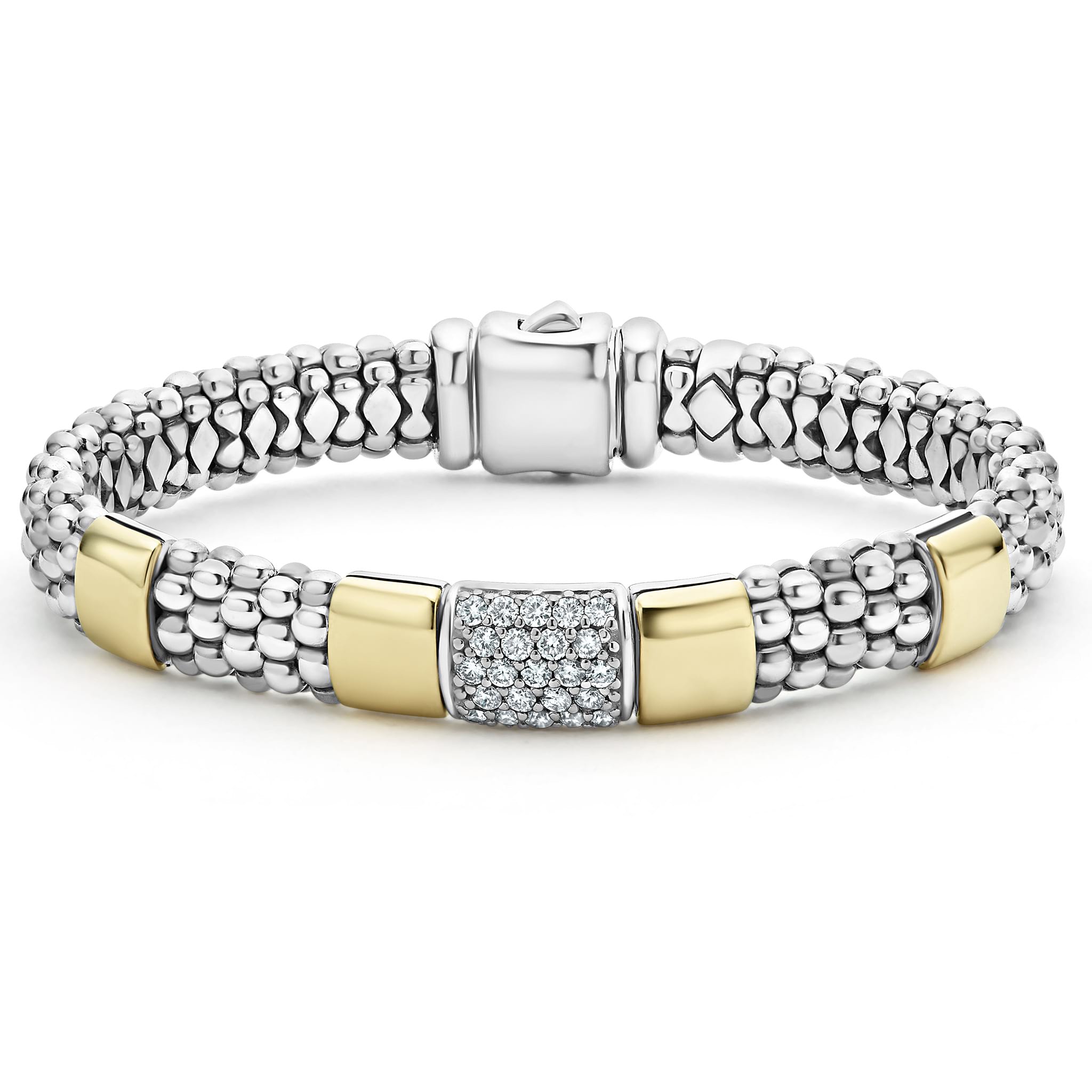 Diamonds and smooth stations of 18K gold accent sterling silver Caviar beading to form this timeless bracelet. LAGOS diamonds are the highest quality natural stones.