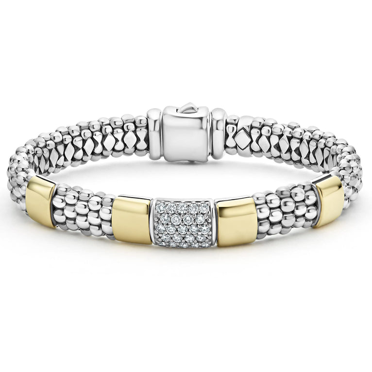 Diamonds and smooth stations of 18K gold accent sterling silver Caviar beading to form this timeless bracelet. LAGOS diamonds are the highest quality natural stones.