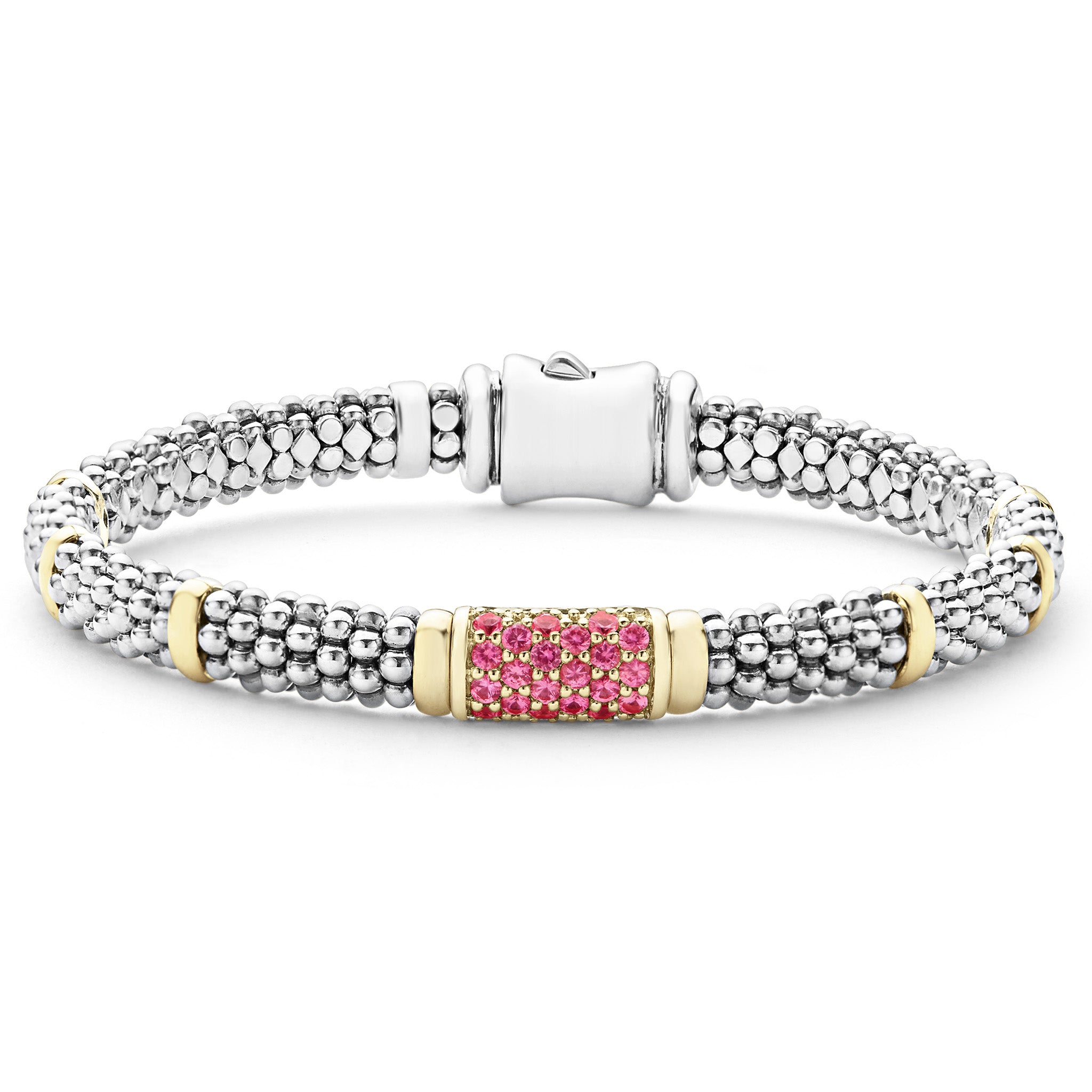 Ten 18K gold stations on this sterling silver Caviar beaded bracelet with pink sapphire precious gemstones set in 18K gold.