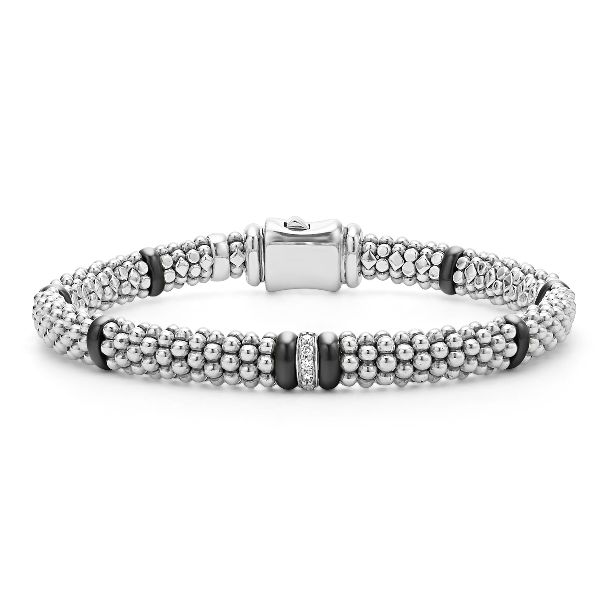 A single diamond station set in sterling silver surrounded by black ceramic and Caviar beading. LAGOS diamonds are the highest quality natural stones.