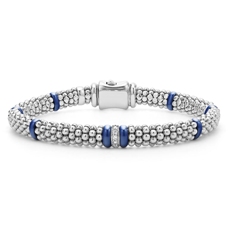 A single diamond station set in sterling silver surrounded by ultramarine ceramic and Caviar beading. LAGOS diamonds are the highest quality natural stones.