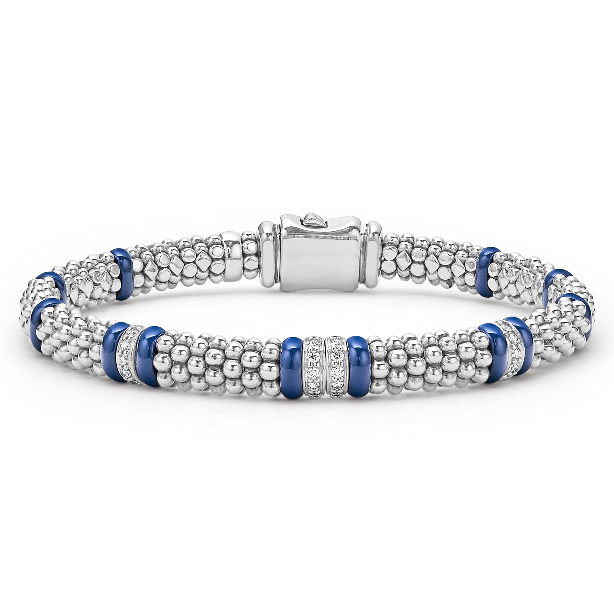 Four diamond stations set in sterling silver surrounded by ultramarine ceramic and Caviar beading. LAGOS diamonds are the highest quality natural stones.