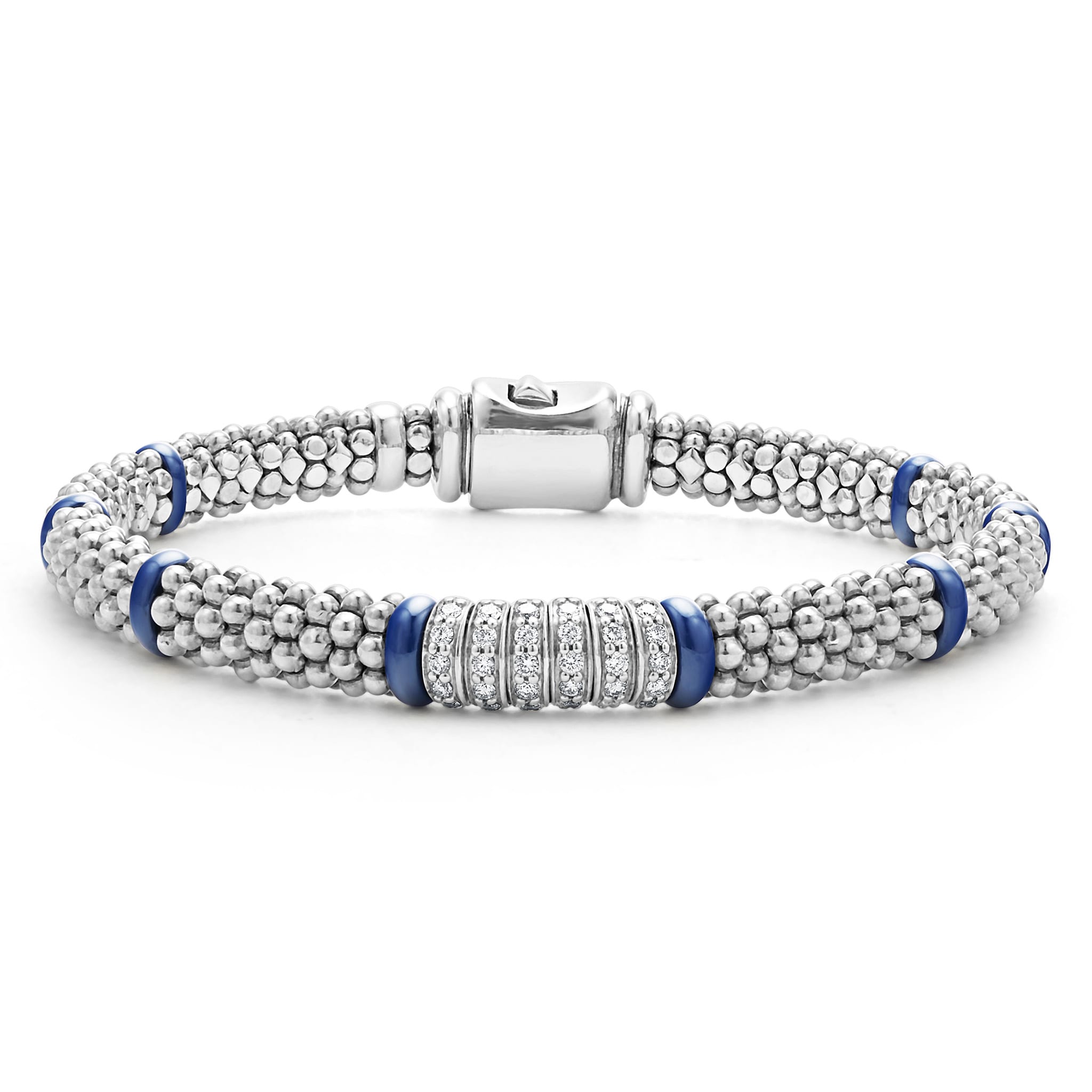 Six diamond stations set in sterling silver surrounded by ultramarine ceramic and Caviar beading. LAGOS diamonds are the highest quality natural stones.