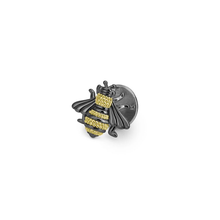 Rare Wonders Small Honeybee Pin features 18K gold Caviar beading, black rhodium on sterling silver, with detailed wings and legs, showcasing LAGOS elegant craftsmanship.