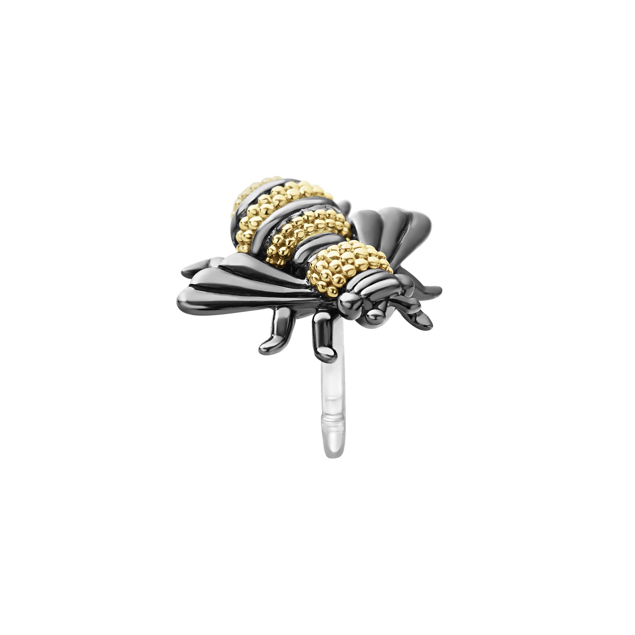 Rare Wonders Large Honeybee Pin in polished metal features 18K gold caviar beading and black rhodium on sterling silver, mounted for elegant display.