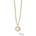 Round Mother of Pearl pendant necklace that is set and surrounded by 18k gold Caviar beading.