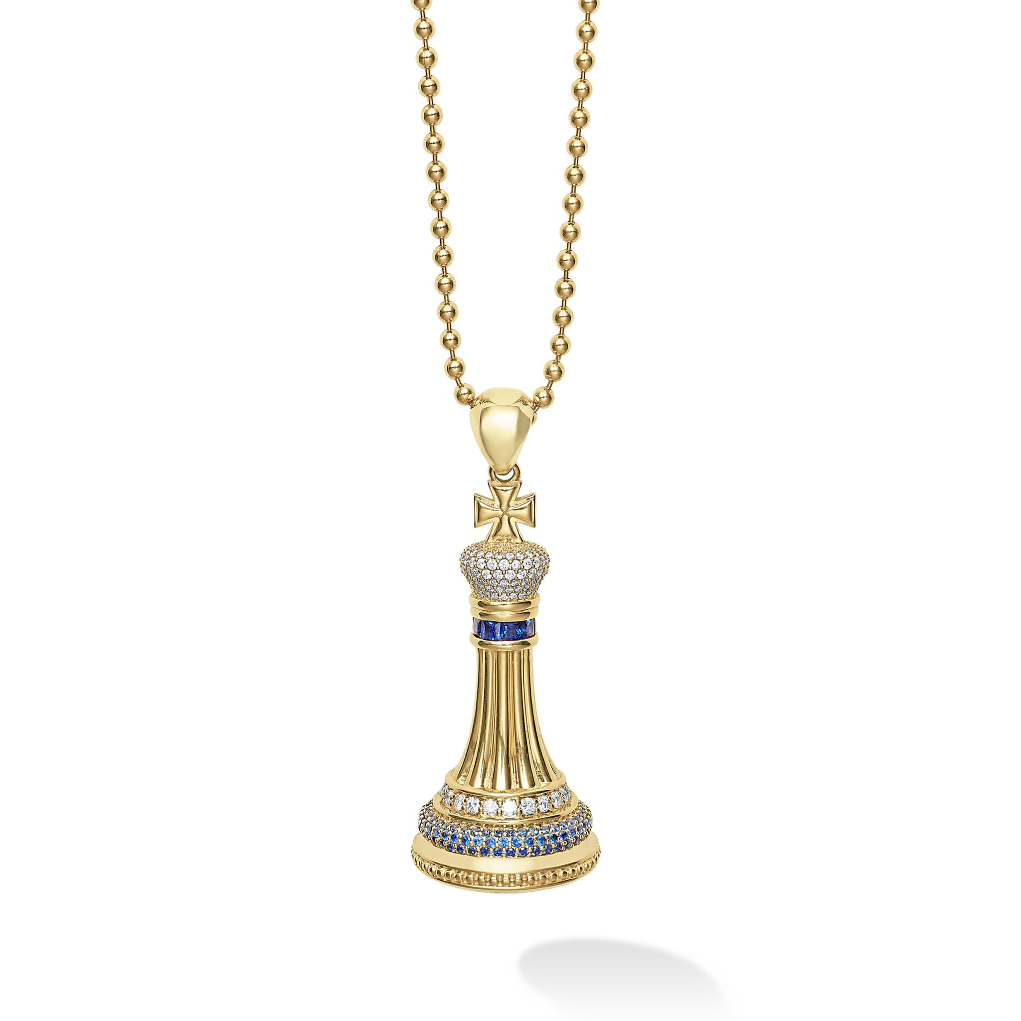 A LAGOS exclusive. Beautifully crafted 18k gold king chess piece accented with precious blue sapphires and diamonds. LAGOS diamonds are the highest quality natural stones.