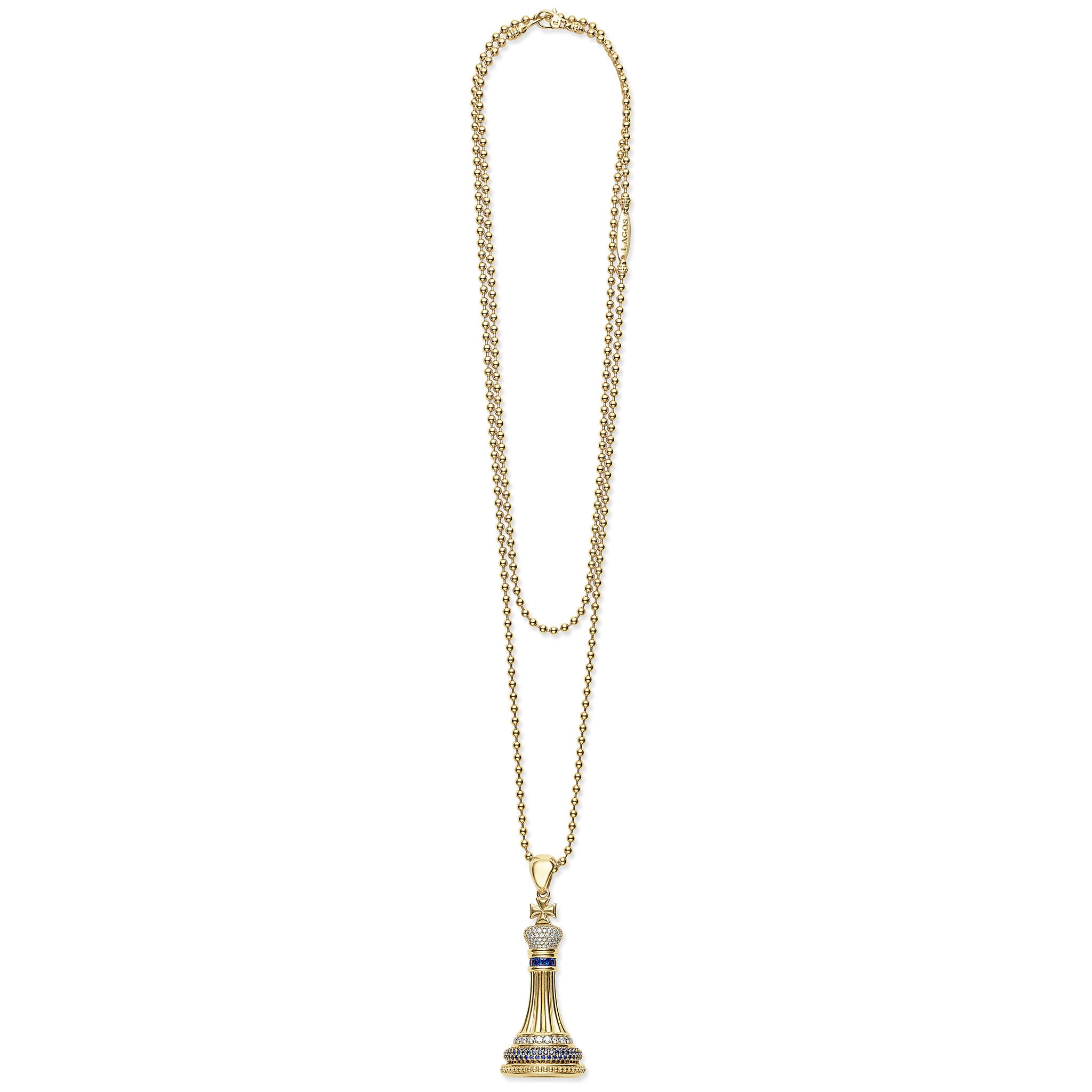 Rare Wonders Blue Sapphire and Diamond King Pendant Necklace featuring an 18k gold beaded chain, crown motif with blue sapphires, and high-quality diamonds.