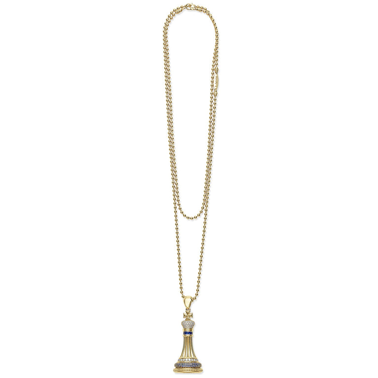 Rare Wonders Blue Sapphire and Diamond King Pendant Necklace featuring an 18k gold beaded chain, crown motif with blue sapphires, and high-quality diamonds.