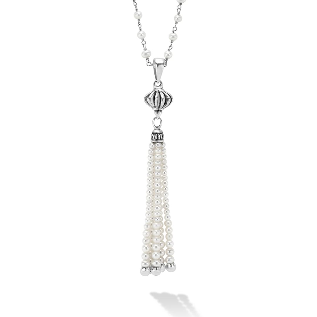 A best-selling LAGOS design. This pearl beaded necklace and tassel pendant are great for layering or worn in a single strand.