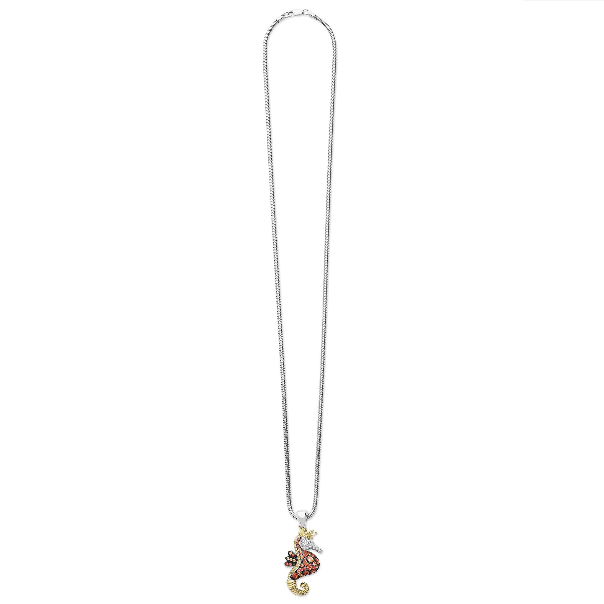 Rare Wonders Orange Sapphire and Diamond Seahorse Pendant Necklace in sterling silver and 18K gold, featuring orange sapphires and diamond-encrusted seahorse with crown.