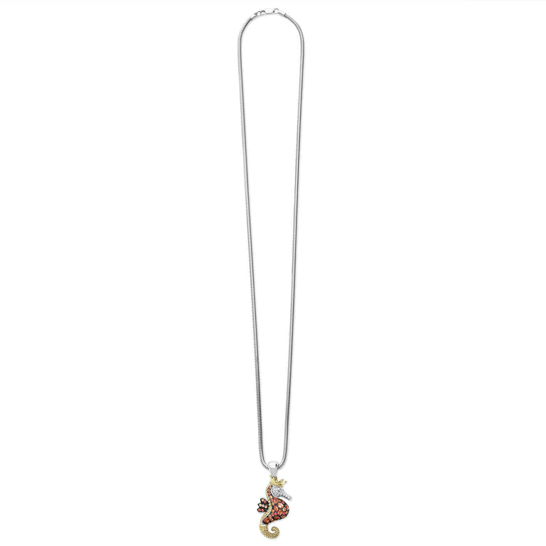 Rare Wonders Orange Sapphire and Diamond Seahorse Pendant Necklace in sterling silver and 18K gold, featuring orange sapphires and diamond-encrusted seahorse with crown.