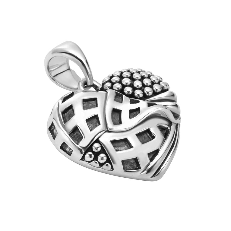 Keep Memory Alive Heart Pendant Necklace featuring intricate knot pattern in sterling silver, adorned with polished bead cluster, designed in support of Keep Memory Alive.