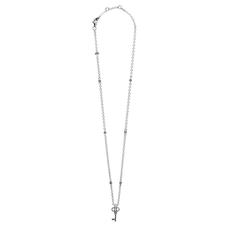 Beloved Caviar Key Diamond Pendant Necklace with sterling silver Caviar beading, ornate key pendant and versatile link chain with extender.